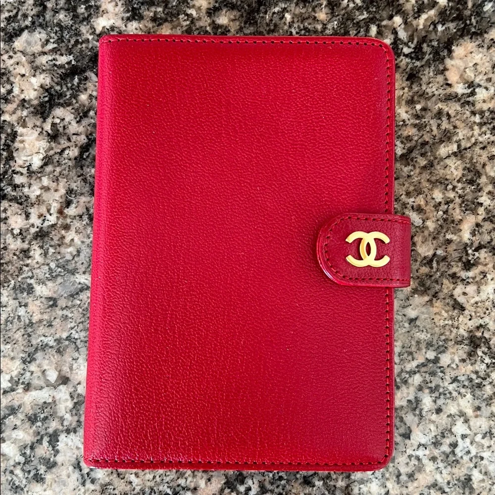 CHANEL Red Leather CC Logo Notebook Cover with Gold Hardware
